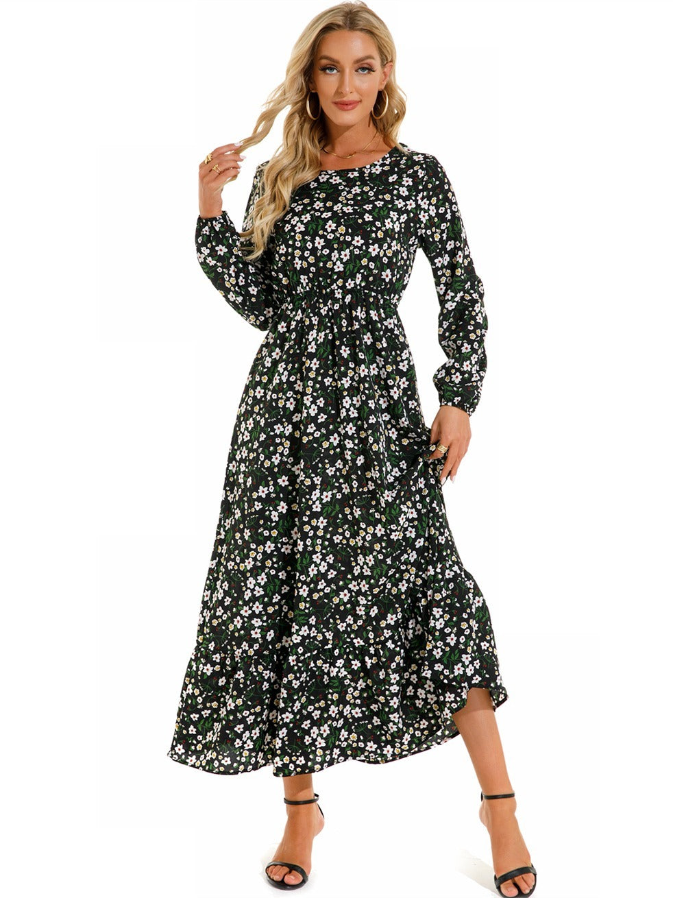Vibrant Floral Print Long Sleeve Crew Neck Ruffle Dress - Flowy, Bohemian Chic, Casual, Comfortable, Women's Long Dresses for Daily Wear - Perfect for Spring, Summer, and Autumn Seasons