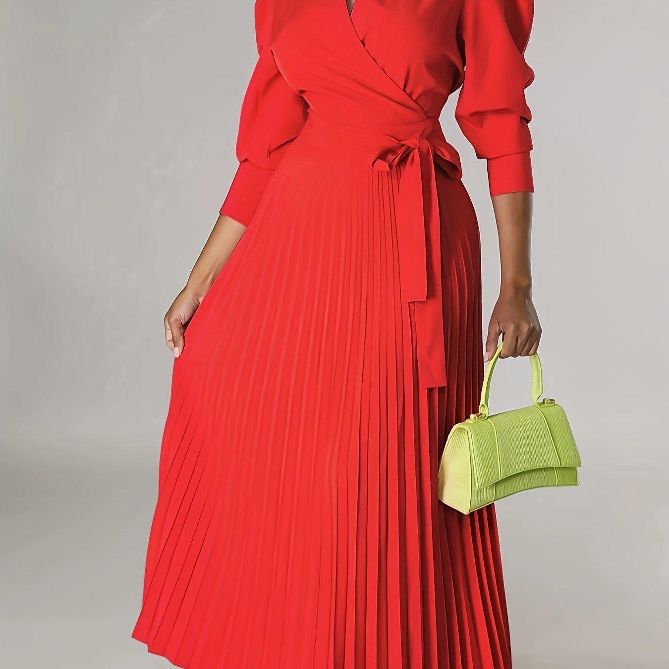 Solid Pleated Dress, Elegant Knotted V Neck 3/4 Sleeve Dress, Women's Clothing