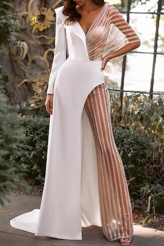 Ingvn - Sexy Patchwork See-through Asymmetrical V Neck Skinny Jumpsuits