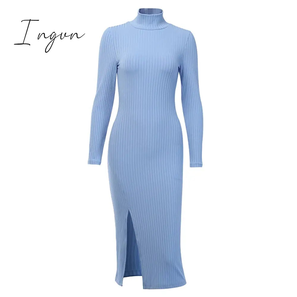 Ingvn - Sexy Knee-Length Party Dresses Cotton Ribbed Knitted Turtleneck Solid Split Long Sleeve Autumn Mock Neck Elegant Dress