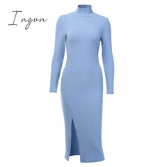 Ingvn - Sexy Knee-Length Party Dresses Cotton Ribbed Knitted Turtleneck Solid Split Long Sleeve Autumn Mock Neck Elegant Dress