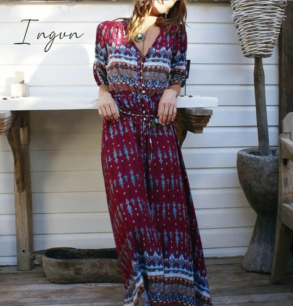 Ingvn - 2023 Fashion Summer Boho Beach Dress Fashion Floral Print Ethnic Long Maxi Dress Woman Party Night Elegant Dress