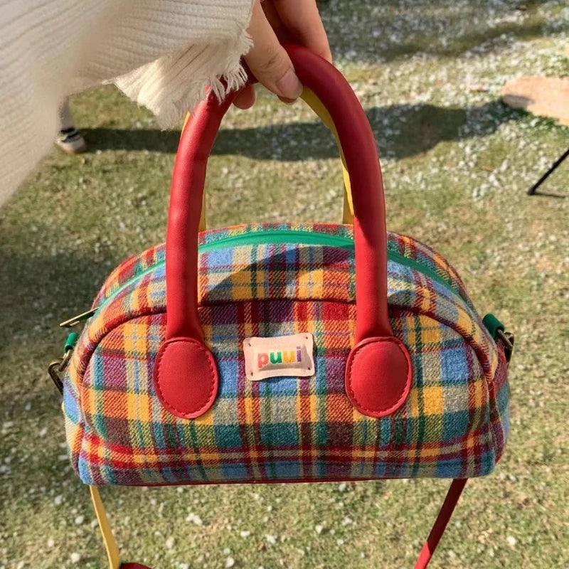 INGVN  Fashion Handbag for Women Vintage American Style Plaid Fresh Cute Shoulder Bag New Luxury Designers Zipper Crossbody Bag