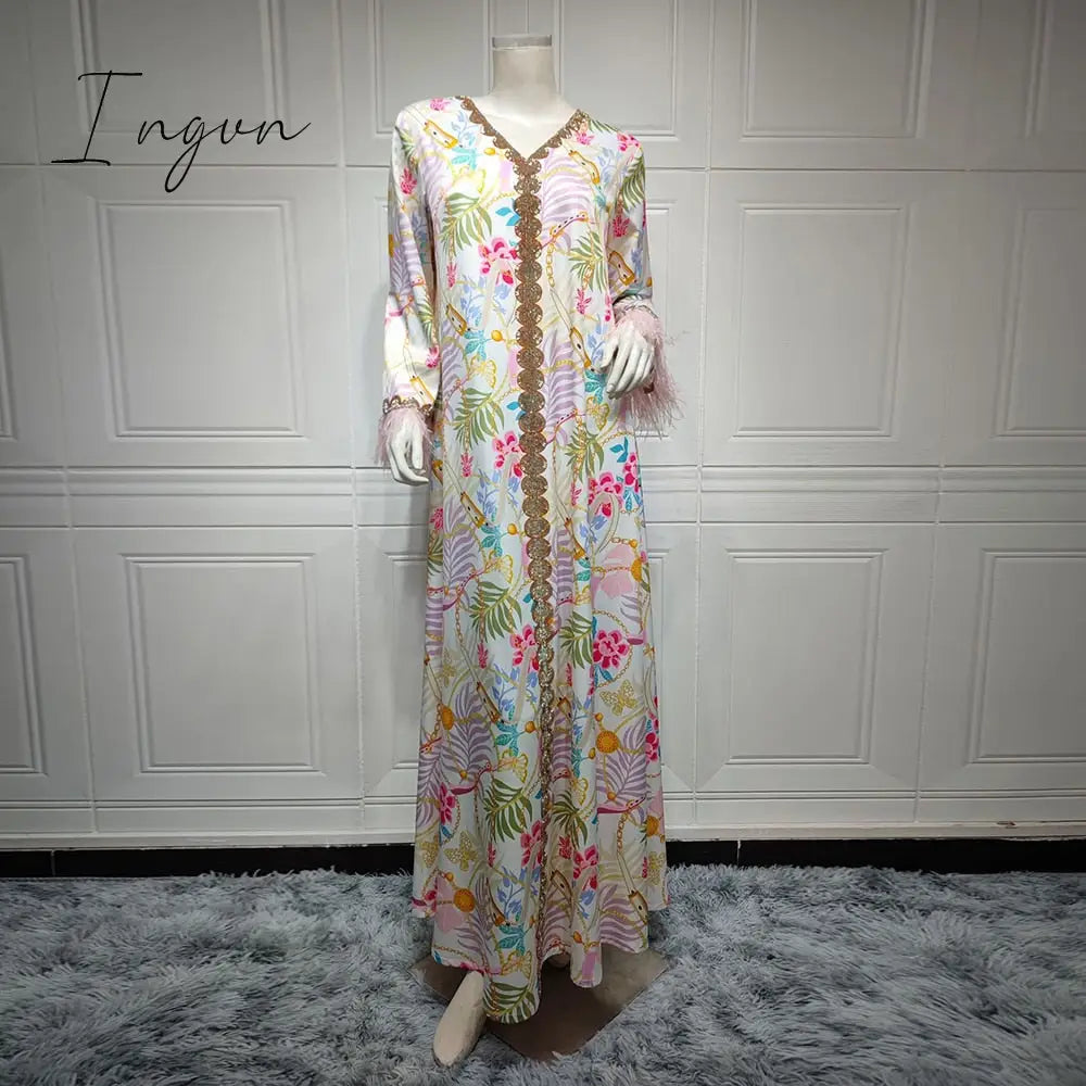 Ingvn - Muslim Woman Dress Moroccan Jalabiya Dubai Rhinestones Beaded V Neck Long Sleeve Feather Patchwork Print Gulf Abayas