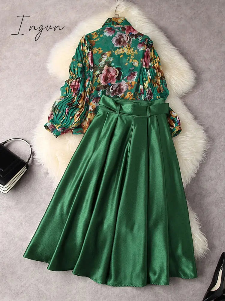 Ingvn - Designer Fashion Lantern Sleeve Print Chiffon Blouse and High Waist Skirt Set Womens Green Outfit 2Piece Dress Suits Spring