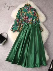 Ingvn - Designer Fashion Lantern Sleeve Print Chiffon Blouse and High Waist Skirt Set Womens Green Outfit 2Piece Dress Suits Spring