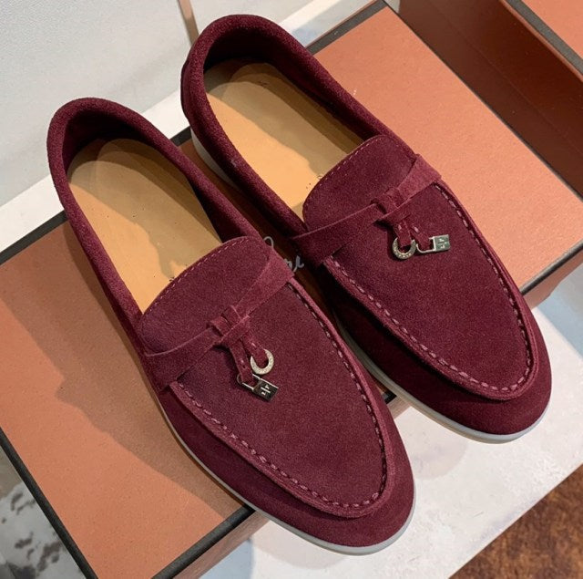 Trend New Kidsuede Women Flat Shoes Lazy Slip-on Metal Loafers Lady Casual Walk Shoes Woman Single Shoes Summer Real Leather