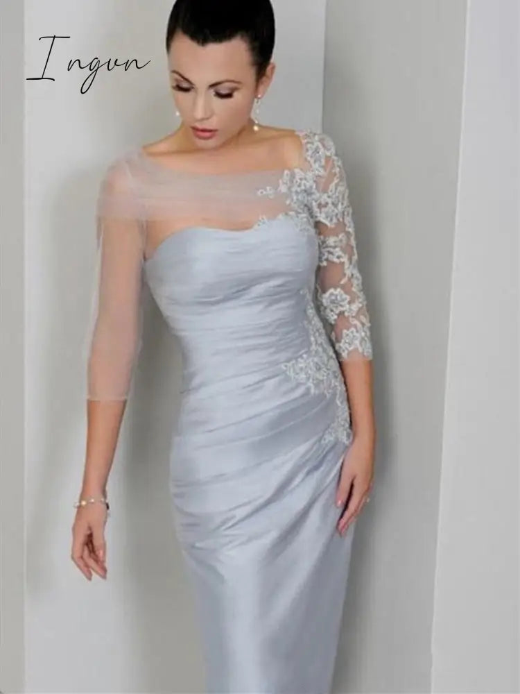 Ingvn - New Silver Grey Mother of the Bride Dress 3/4 Long Sleeve Lace Tulle Satin Pleated Wedding Party Gown Evening Formal dress