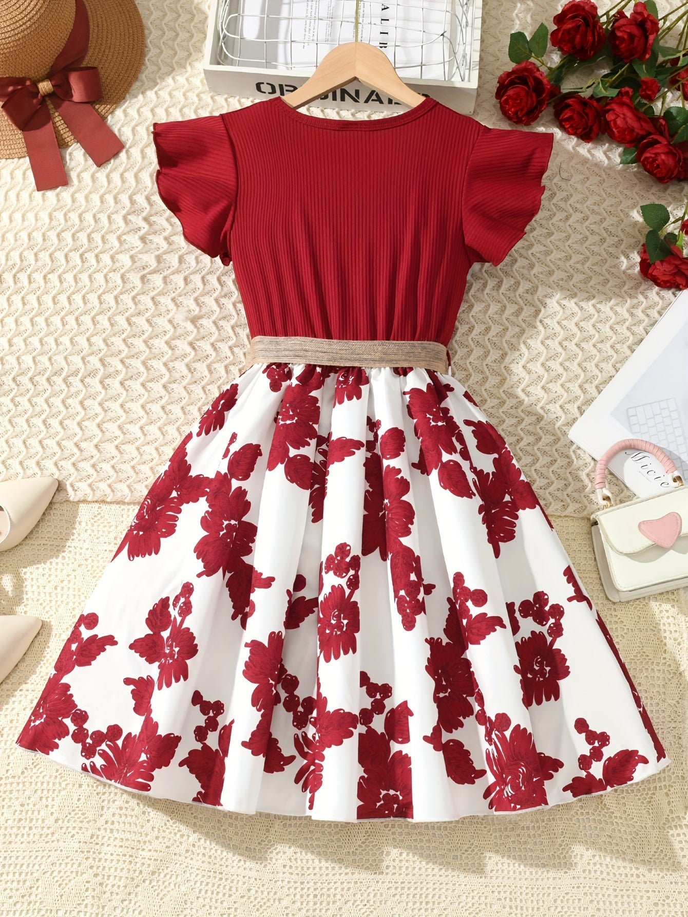 Girls Charming Floral Embroidered Dress - Soft Ribbed Flutter Sleeve - Perfect for Summer Casual Wear
