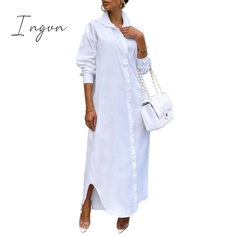 Ingvn - Women Shirt Windproof Shirt Dress Versatile Arc Hem  Stylish Autumn Winter Solid Color Shirt Long Dress