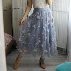 Ingvn - Luxury Woman Skirts Korean style Fashion Elastic Waist Appliques Embroidery Floral Mesh Skirt Long Gauze Ball Gown Skirt