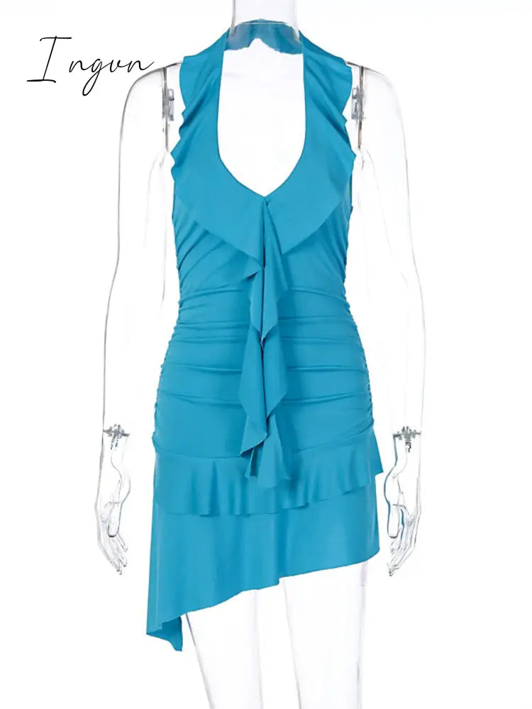 Ingvn - Halter Backless Ruffles Mini Dress Women Blue Sleeveless Backless Irregular Gown Fashion Bodycon Pleated Sexy Dress