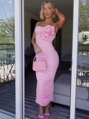 Ingvn  Elegant Womens Flower Flower Decoration Pink Dress  Sexy Strapless High Waist Tunics Shirring Slit Mid-calf Evening Dresses