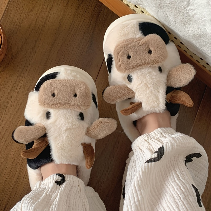 Womens Cartoon Cow Slippers - Plush Warm Lining, Closed Toe Fuzzy Slides, Ultimate Indoor Comfort for Cozy Days