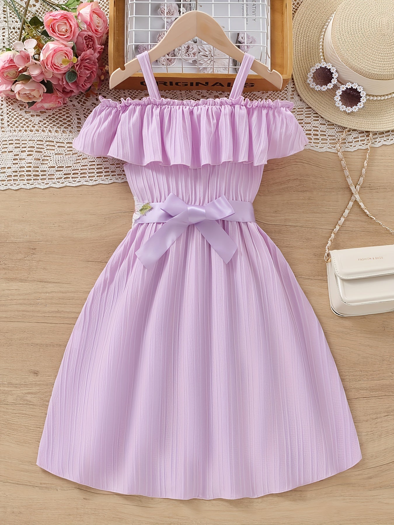 Charming Floral Ruffle Off-Shoulder Suspender Dress - Casual, Elegant, Spring and Summer Essential for Girls - Embroidered Flower Design, Comfortable and Versatile