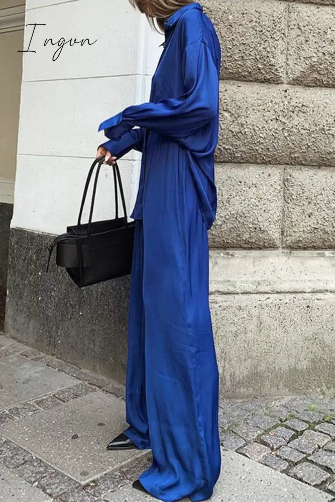 Ingvn - Casual Simplicity Solid Buttons Turndown Collar Long Sleeve Two Pieces
