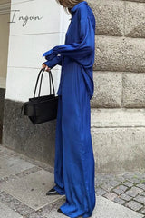 Ingvn - Casual Simplicity Solid Buttons Turndown Collar Long Sleeve Two Pieces