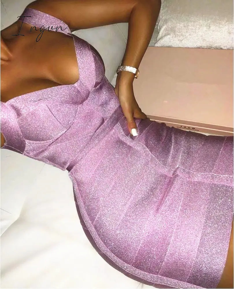 Ingvn - Ladies Sexy V Neck Backless Purple Shining Women Bandage Dress Designer Fashion Sparkly Party Dress Vestido