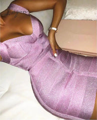 Ingvn - Ladies Sexy V Neck Backless Purple Shining Women Bandage Dress Designer Fashion Sparkly Party Dress Vestido