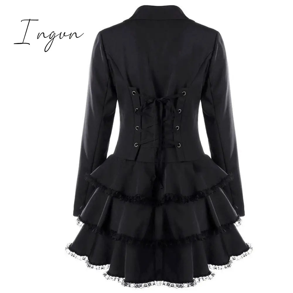 Ingvn - Trench Coat Women's Aaymmetric Lace Hem Tops Steampunk Victorian Swallow Tail Trench Coat Double-Breasted Female Thin Outwear