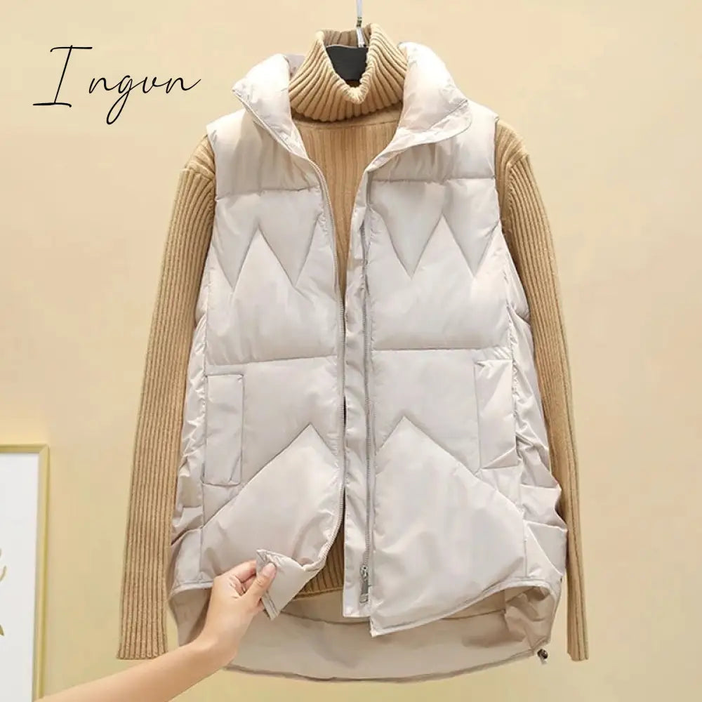 Ingvn - Autumn Winter Down Cotton Soild Women's Vest Short Style New Slim Fashion Stand-up Collar White Jacket Sleeveless Vest