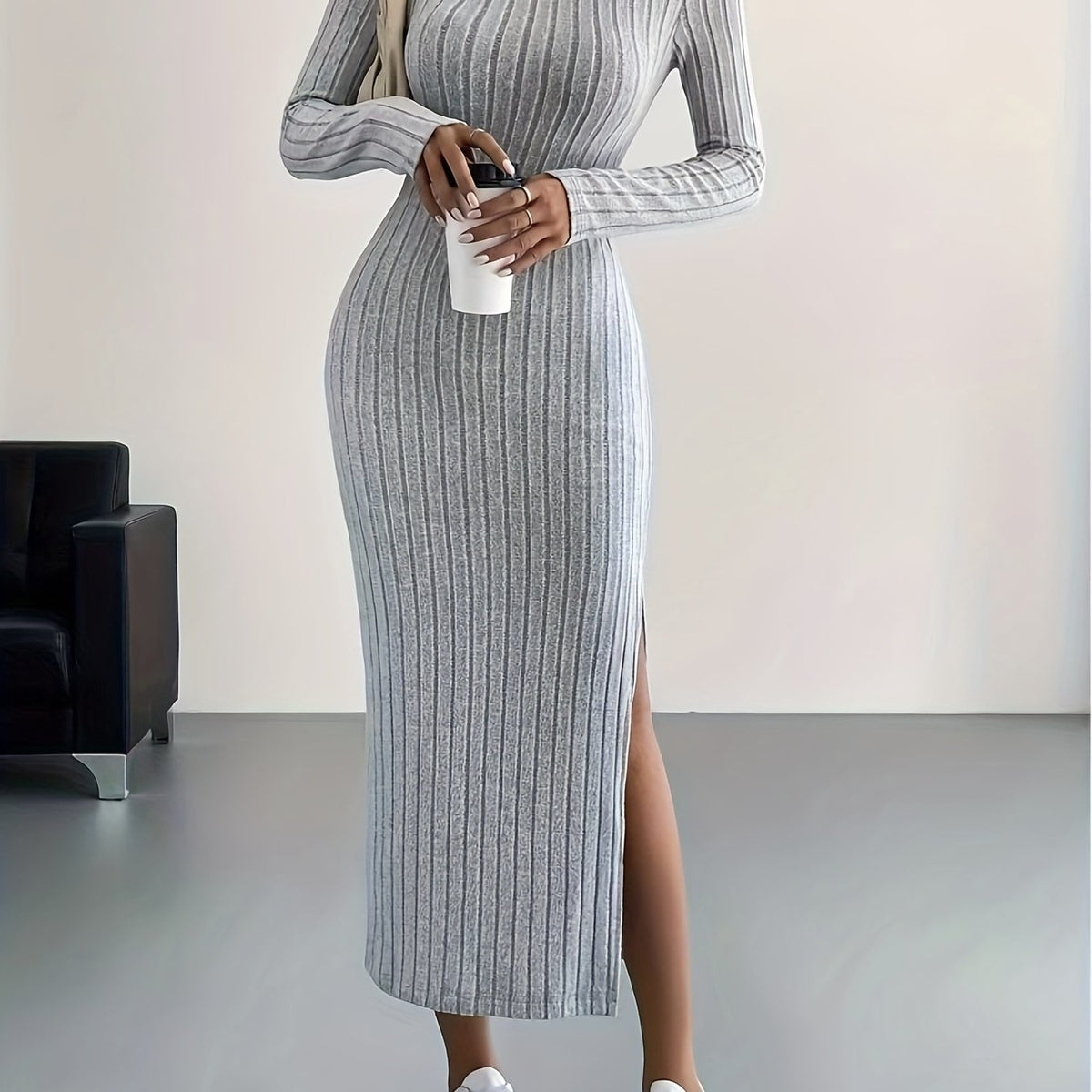 Long Sleeve Bodycon Ribbed Knit Dress - Sexy Crew Neck Split Thigh Slim Fit with Mid Elasticity - Machine Washable Polyester Fabric for Fall/Winter Season