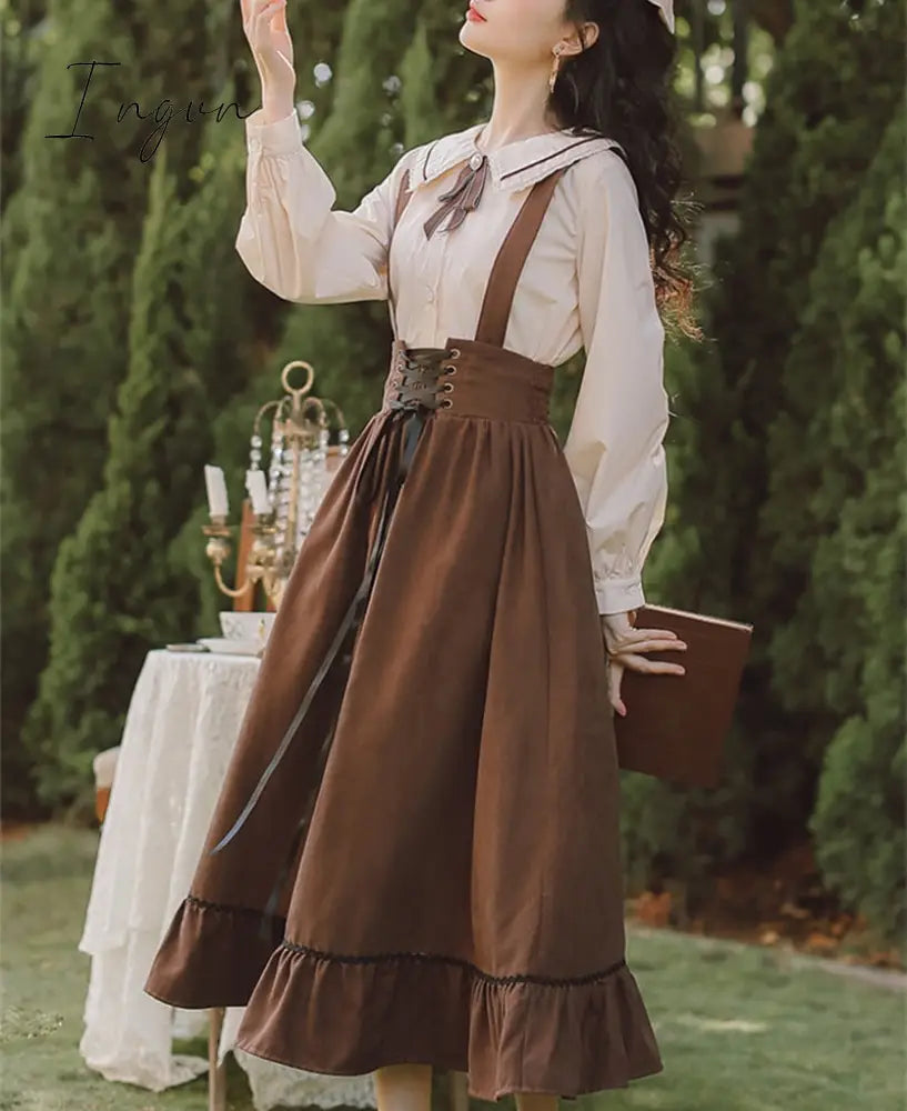 Ingvn - Spring Summer Women Long Midi Suspender Skirt Teen Girls Preppy Style Cute Lace-Up High Waist Ruffle A-Line Skirts