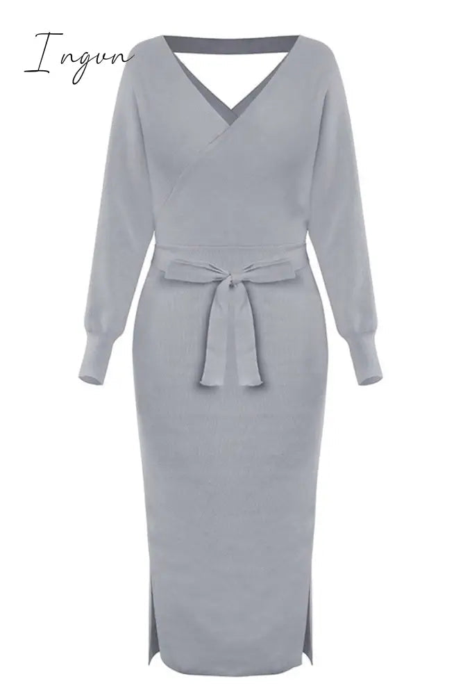 Ingvn -  V Neck Backless Sweater Dress(5 Colors)