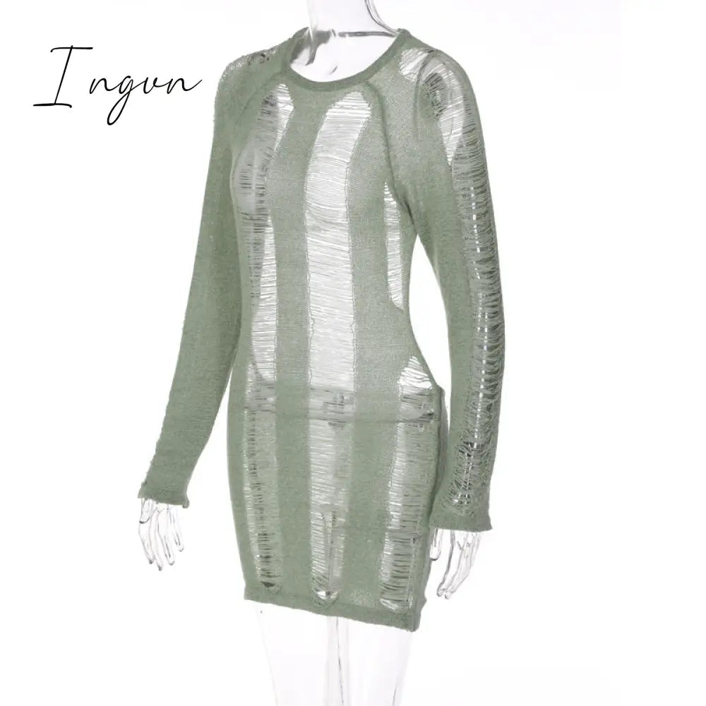 Ingvn - Fashion Trends Round Collar See Through Dress Women Sexy Long Sleeve Elegant Beachwear Hollow Out Backless Knitted Female Dress Summer