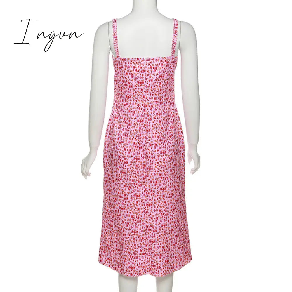 Ingvn - New Fashion Summer Casual Beach Pink Floral Print Dress Bodycon Long Strap Ruched Women Sexy Club Party Dress