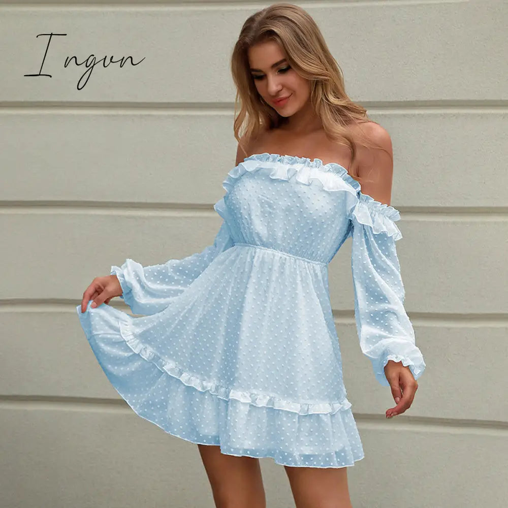 Ingvn - Boho Sexy ruffles Summer off shoulder short dress spaghetti strap Party elastic waist dress Women casual beach a-line dress