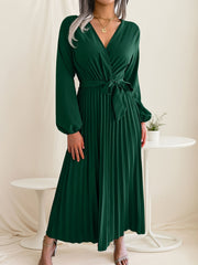 Womens Wrap Tie Dress Casual Fall V Neck Pleated Long Sleeve Solid Flowy Dress For Party Wedding Guest