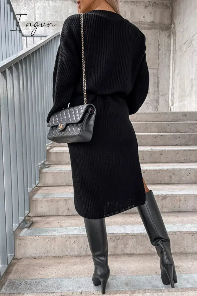 Ingvn - Elegant Simplicity Solid Slit O Neck Long Sleeve Dresses