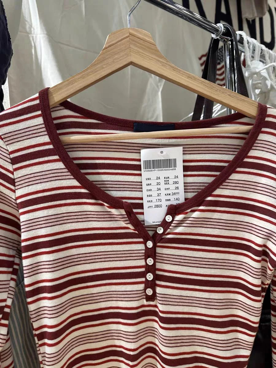Red Striped Six Buttons Long Sleeve T-shirts Women Spring O-neck Cotton Slim Tee Shirt New Preppy Sytle Sweet Tshirt Y2k Tops