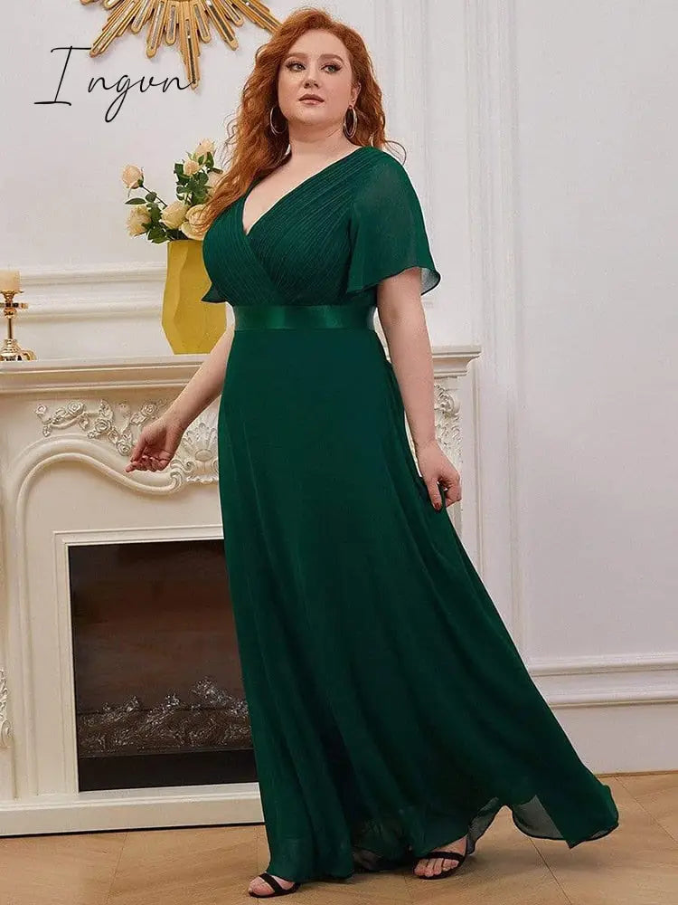 Ingvn - Summer Outfits New Women Plus Size Evening Dresses Long Elegant A Line V Neck Ruffles Chiffon Formal Wedding Party Dress Robe De Soiree