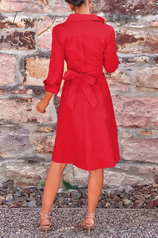Ingvn - Elegant Solid Bandage Pocket Buttons Turndown Collar Shirt Dress Dresses