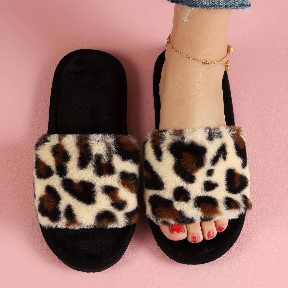 Cozy Leopard Print Plush Slippers for Women - Soft, Warm, Open-Toe, Slip-On Shoes with Fuzzy Fabric Upper and EVA Sole for Indoor Use - All-Season Comfortable Footwear for Relaxation