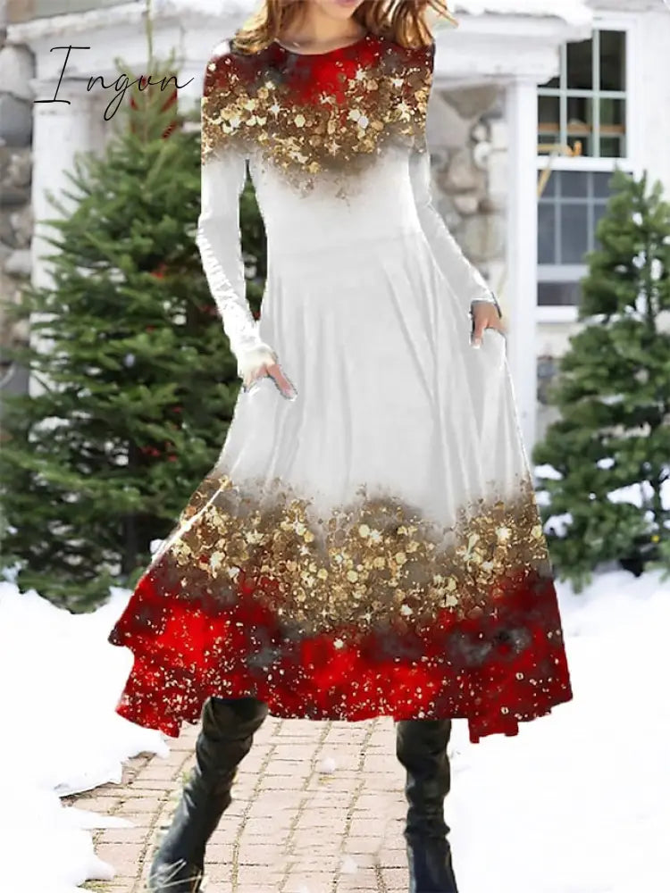 Ingvn - Women's Christmas Casual Dress Swing Dress Midi Dress Red Long Sleeve Leopard Pocket Winter Fall Autumn Fashion Daily Weekend S M L XL XXL 3XL