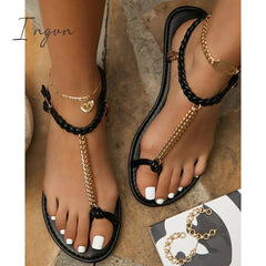 Ingvn - Gold-Tone Chain Braided Ankle Strap Toe Loop Sandals
