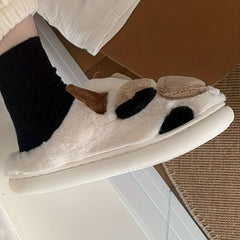Cow Pattern Plush Slippers - Soft Fabric Lining, Cartoon Design, Comfortable Indoor Shoes with TPR Sole for Cozy Home Wear - Casual Slip-On Style