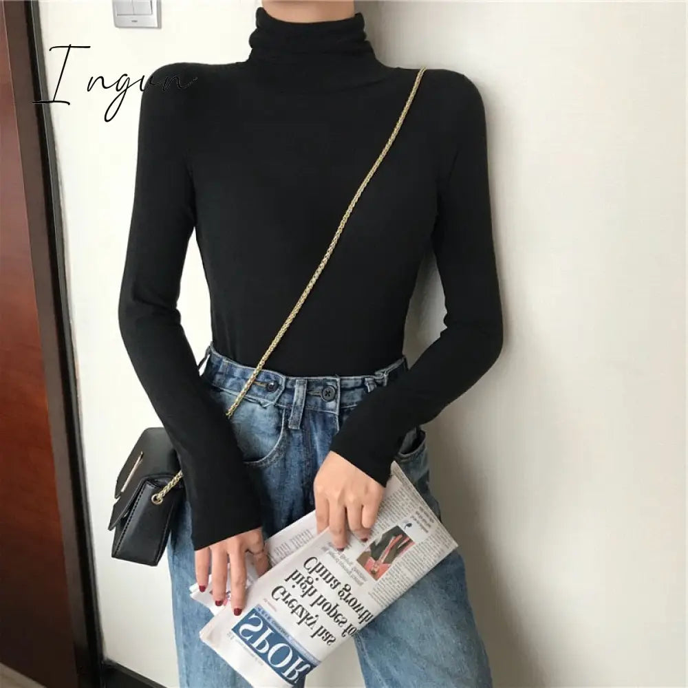 Ingvn - harajuku Solid Bottoming t Shirt Women Spring Autumn Tee Shirts Korean Turtleneck Slim Long Sleeve Black White T-shirts 90s tops