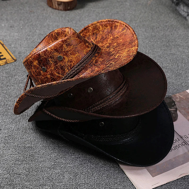 Women Men Cowgirl Hat Retro Synthetic Leather Sun Protection Holiday Beach Hiking Cap