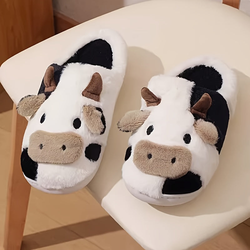 Cozy Cartoon Cow Slippers - Plush Lined, Comfortable, Casual Slip-On Shoes for Indoor Home Use - Soft, Warm, and Fun Design for Relaxation