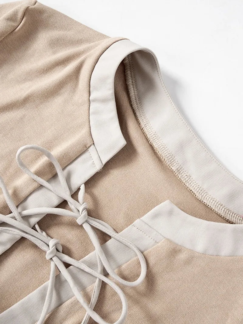 Ingvn  Fashion Short Sleeve Bandage T-shirt  Woman Clothes O-neck Lace-up Slim Crop Top Streetwear Female Coffee Contrast Color Tee