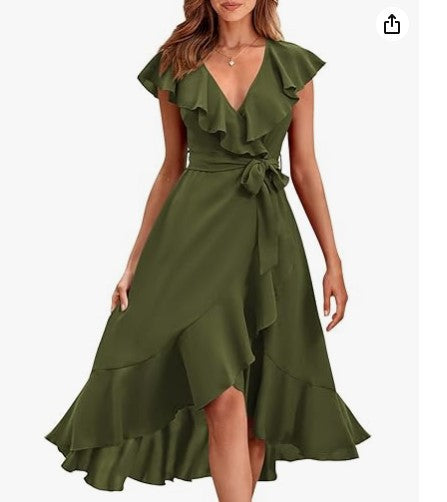new V-neck short sleeve ruffled long temperament lace-up dress