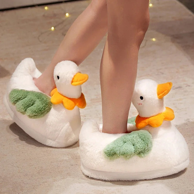 Ingvn  Cute Cartoon Duck Fluffy Slippers For Woman Winter Warm Shoes Soft Plush Funny Flower Girls Indoor Home Floor Slipper