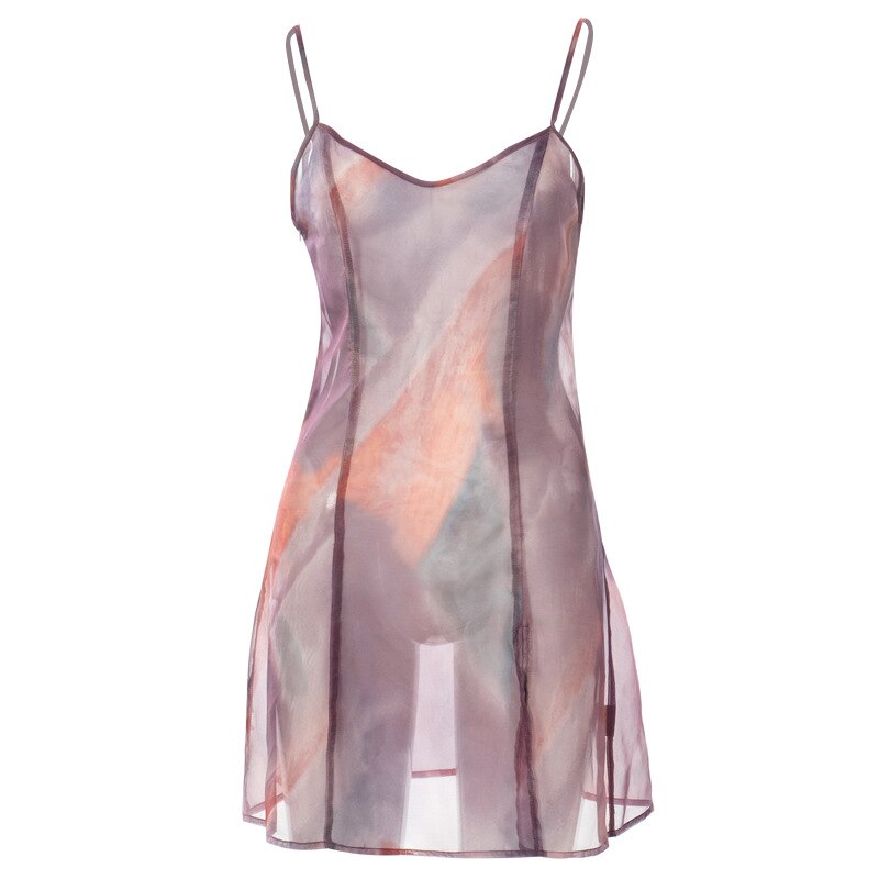 Women's Sexy Sheer Mesh Cami Dress Tie-dye Print V-neck Sleeveless Backless See-Through High Split Mini Dress E-Girl Streetwear