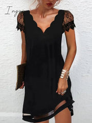 Ingvn - Women‘s Lace Dress A Line Dress Short Mini Dress Black Short Sleeve Pure Color Lace Spring Summer V Neck Elegant Loose 2023 S M L XL XXL XXXL / Party Dress