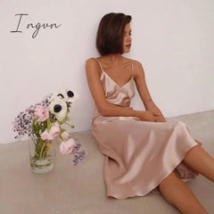 Ingvn - Women Satin Deep V Neck Sexy Dress Solid Straight Pajamas Party Dress Elegant Female Summer Spaghetti Strap Dress Casual