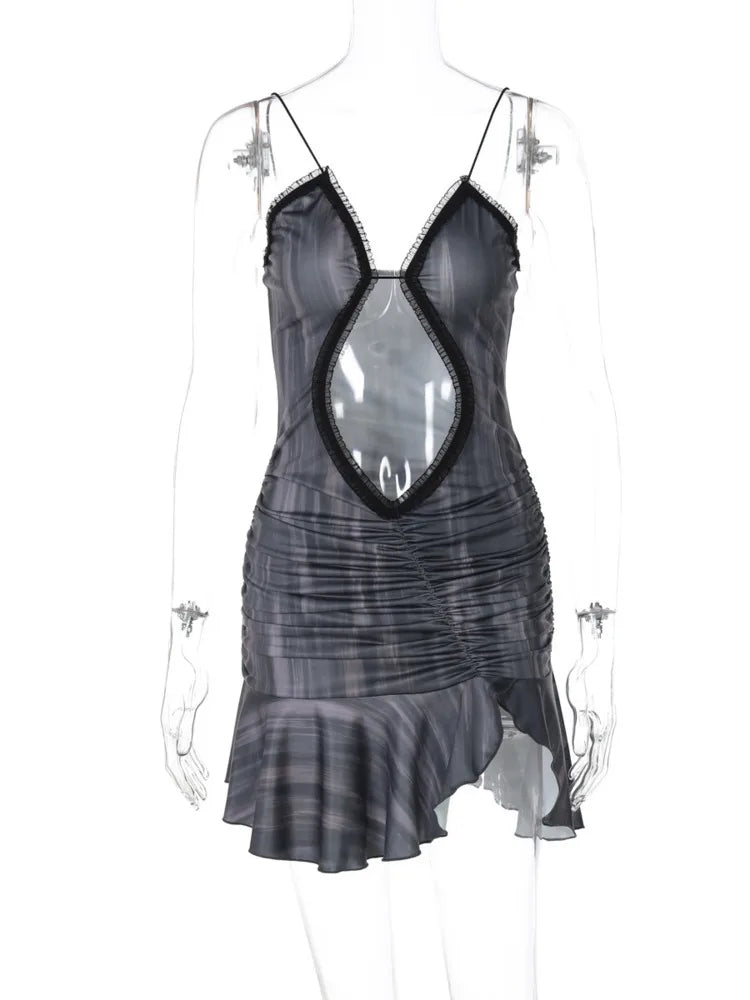 Hollow Out Spaghetti Strap Sexy Mini Dress For Women Off-shoulder Strapless Ruffled Ruched Skinny Split Dress Vestido